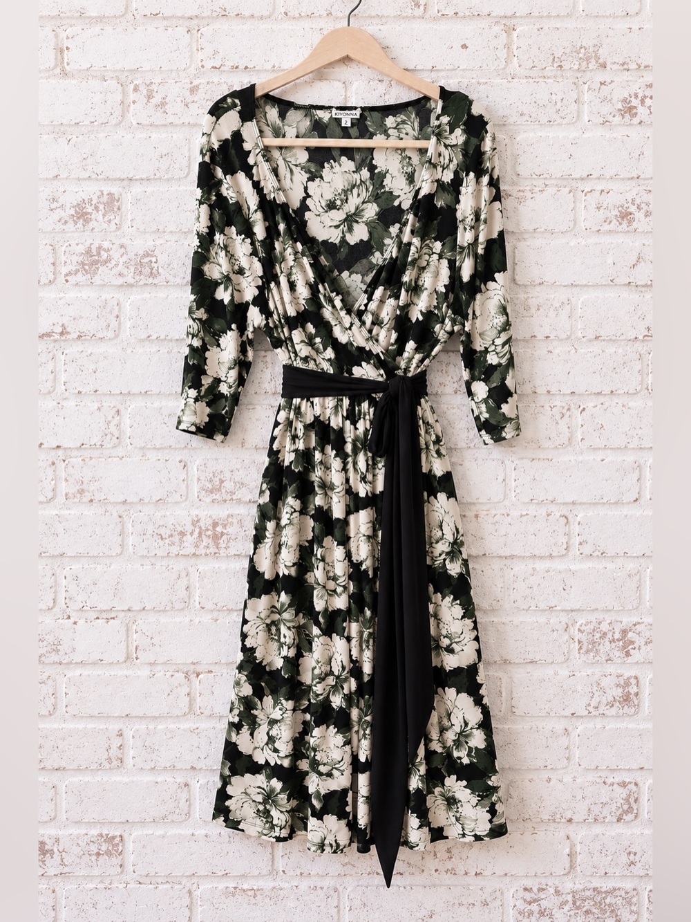 Kiyonna 2X Green Ivory Floral Faux Wrap Midi Dress Plus Size Romantic Autumn - Picture 3 of 6